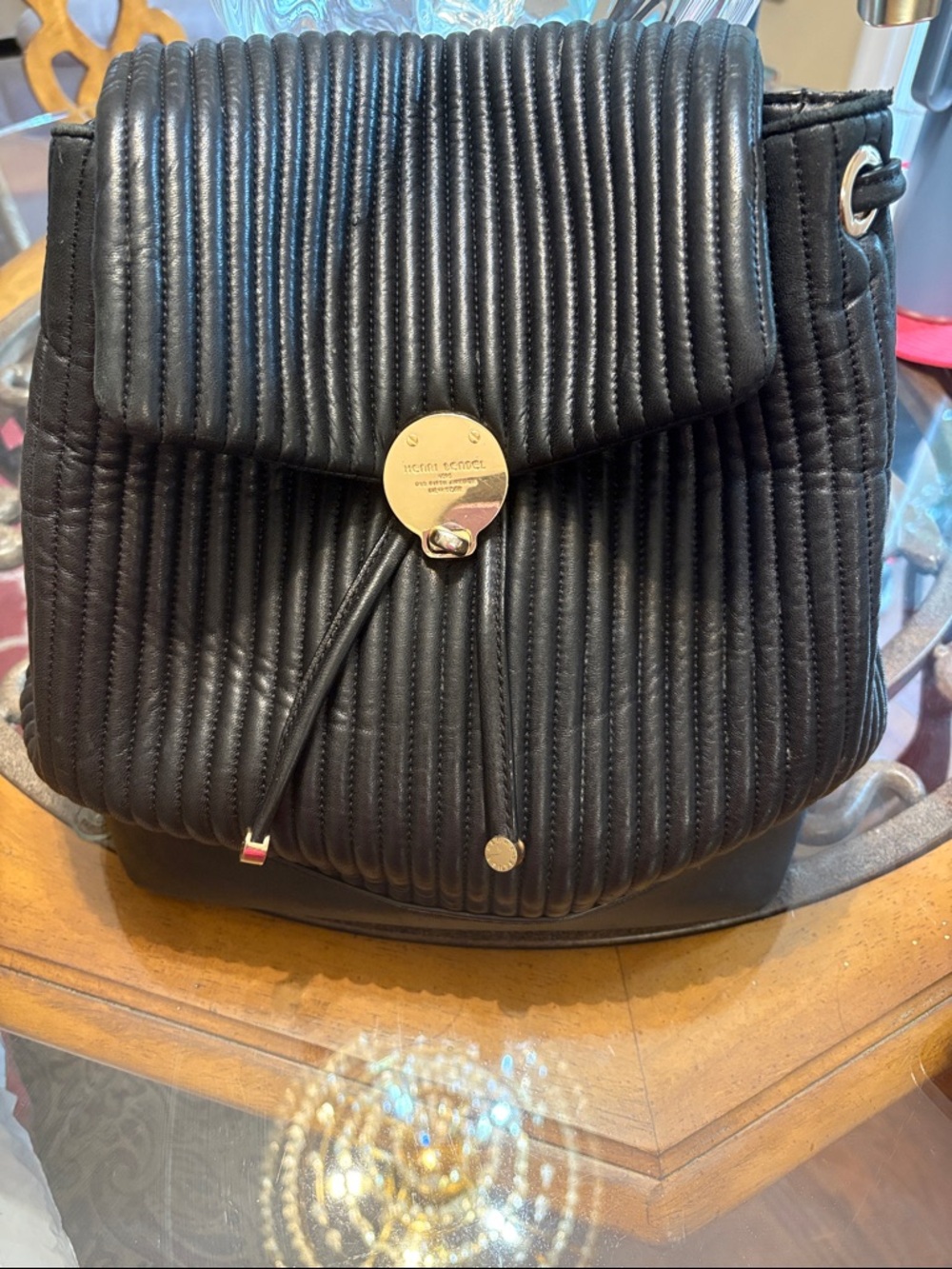 Henri Bendel Black Leather Chain Link Backpack